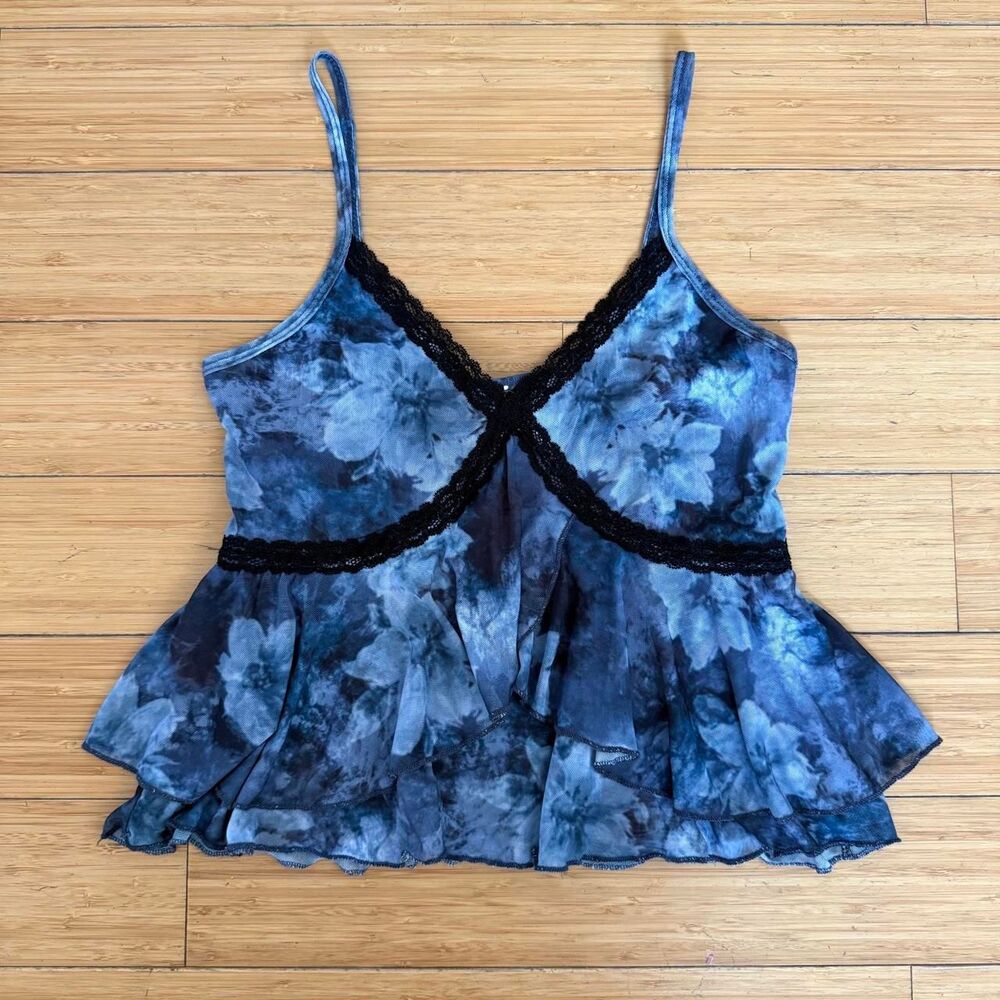 Windsor Blue Gray Floral Mesh Babydoll Cami Large Fairy Goth Y2K Lace Trim